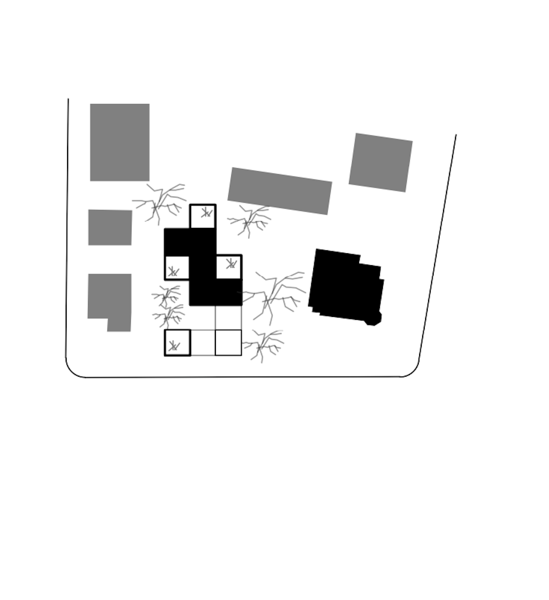 haus vO - Ein architektonischer Lageplan mit Gebäuden, Bäumen und Grundstücksgrenzen.