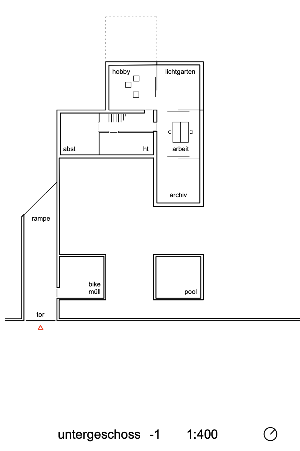 haus vO - Grundriss eines Hauses auf einem Plan, mit Terrassen, Pool, Fahrradraum, Speicher, Arbeitsraum, Hobbyraum, Lichtgarten, Abstellraum, Flur, Archiven, Rampe, Tor und verschiedenen Innenräumen.