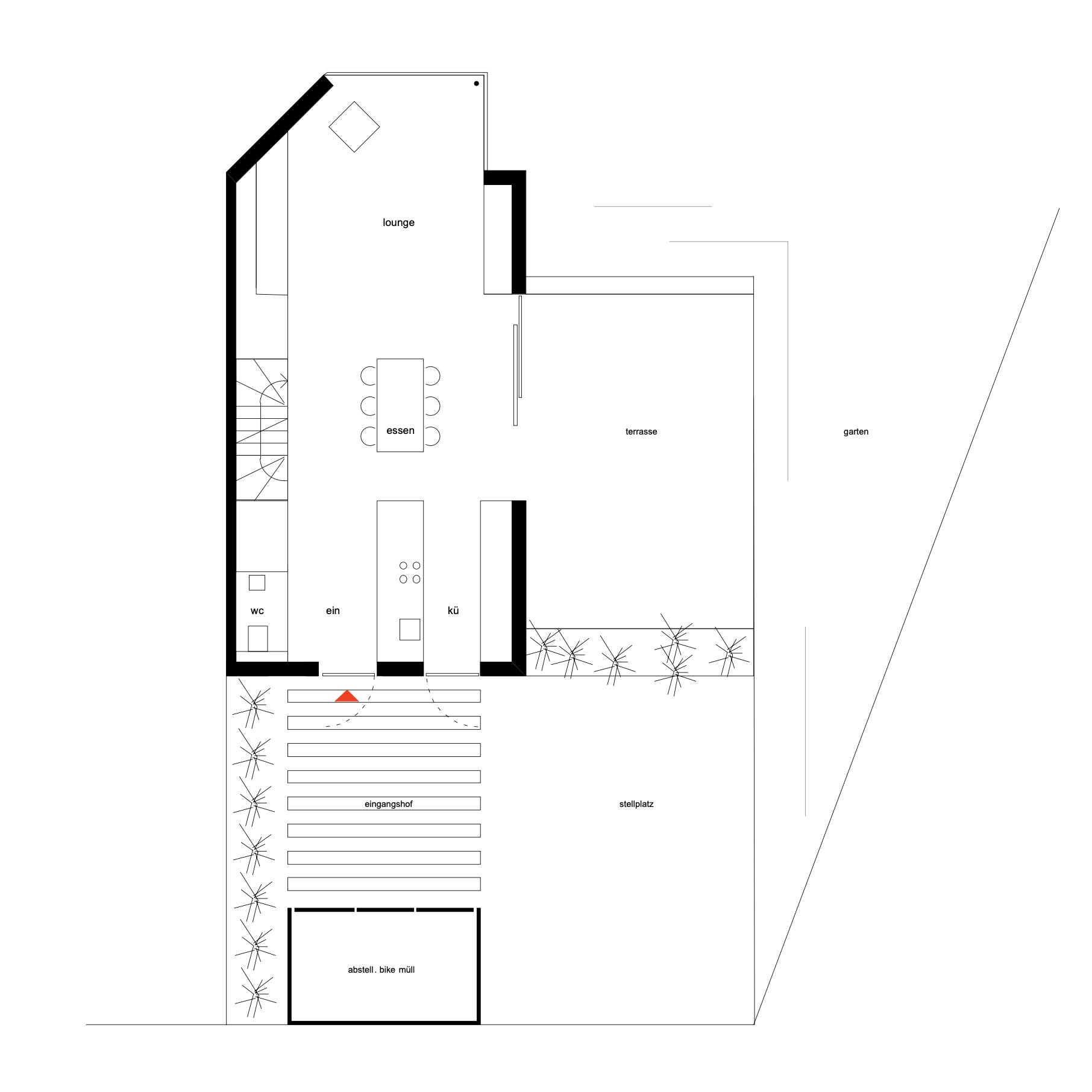 haus RU - Grundriss eines Hauses mit Bereichen für Lounge, Essen, Küche, WC, Eingangsbereich, Terrasse, Garten, Stellplatz, Abstellraum mit Bike- und Müllbereich, und einen Eingangshof