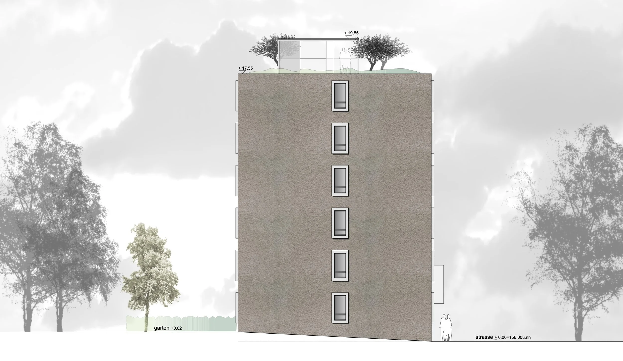 wohnhaus BUGA - Querschnitt eines modernen mehrstöckigen Gebäudes mit mehreren vertikalen Fenstern, Grünflächen auf dem Dach und umgebende Bäume im Hintergrund.