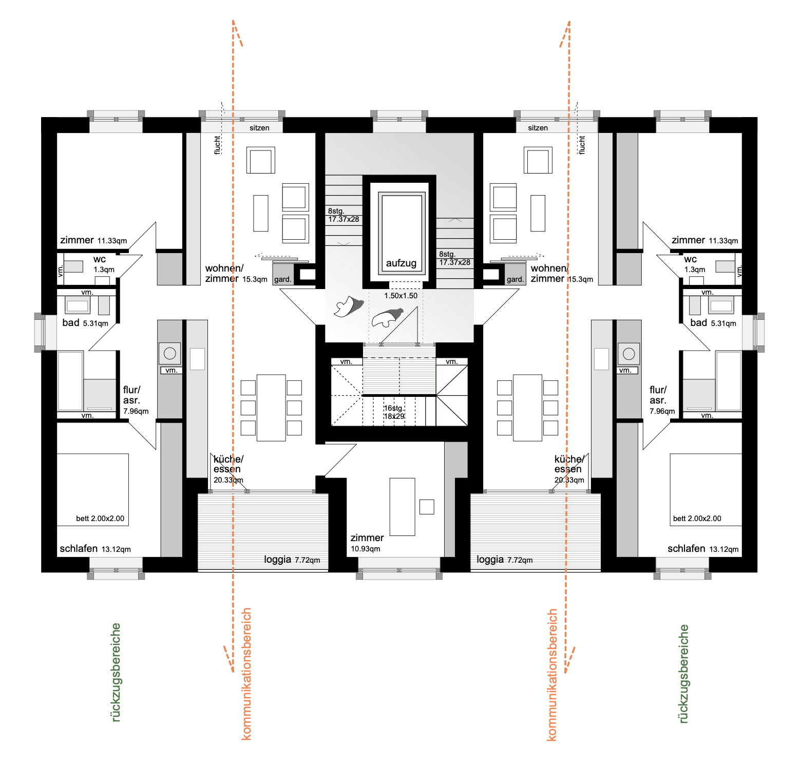 wohnhaus BUGA - Grundriss einer Wohnung mit verschiedenen Zimmern, einschließlich Schlafzimmer, Badezimmer, Wohn- und Essbereich, Küche, Loggia, Flur und Aufzug. 