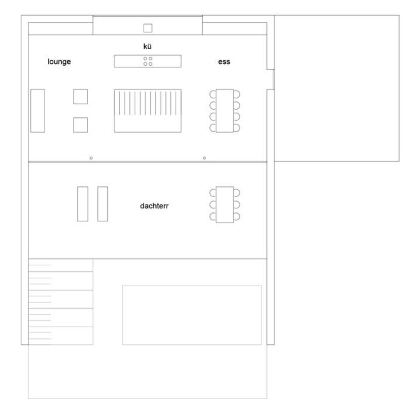 haus CC - Grundriss eines Hauses mit einem Erdgeschoss, einem Dachboden und einer Dachterrasse. Das Erdgeschoss umfasst einen Lounge-Bereich, eine Küche und einen Essbereich. 