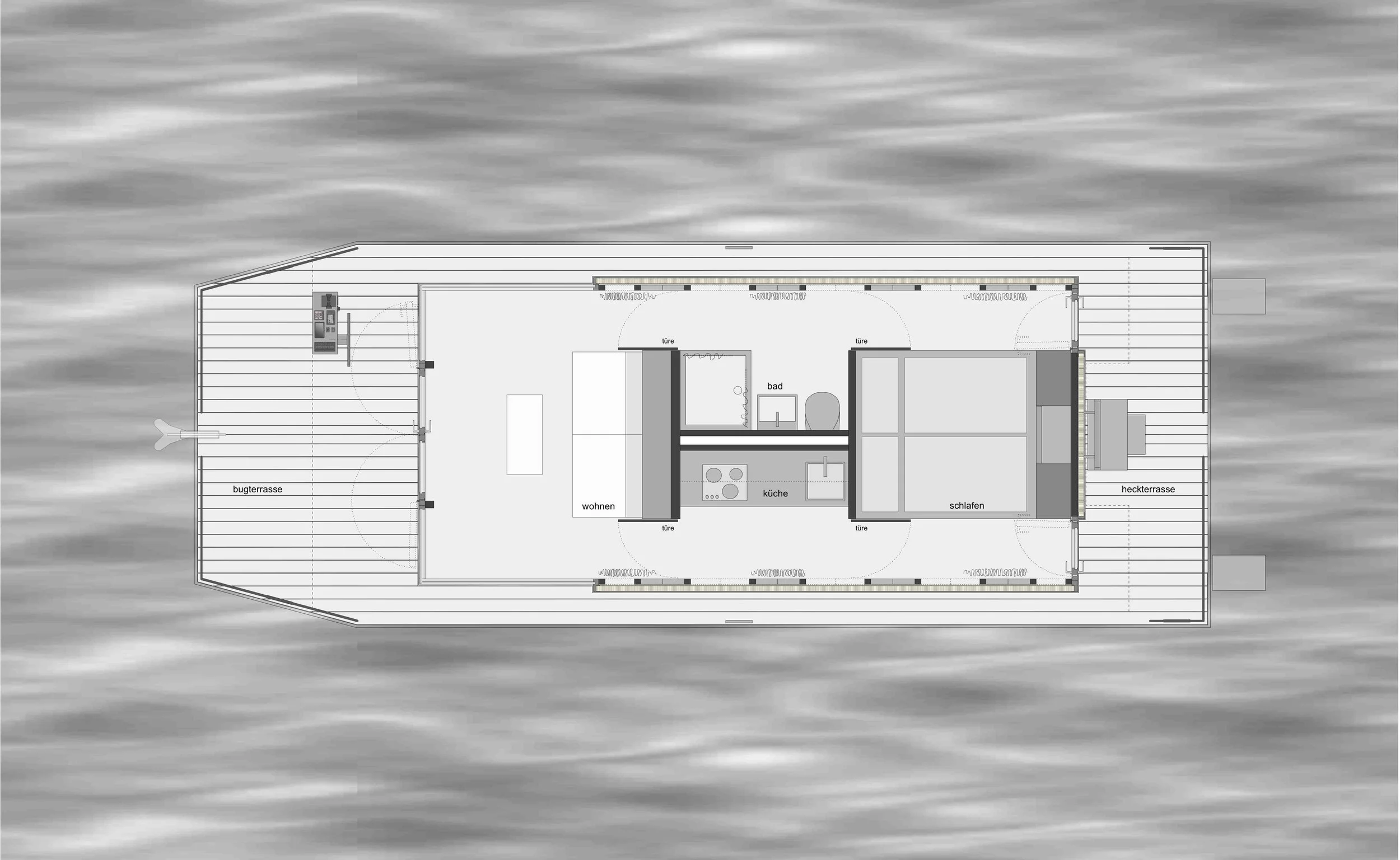 Grundriss eines Hauses mit Wohnraum, Küche, Schlafzimmer, Bad, zwei Terrassen und Dachterrasse, alles in schwarz-weiß.