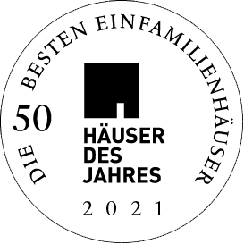 Schwarzes und weißes Logo mit Text: 'Die besten Einfamilienhäuser 50 Häuser des Jahres 2021'.