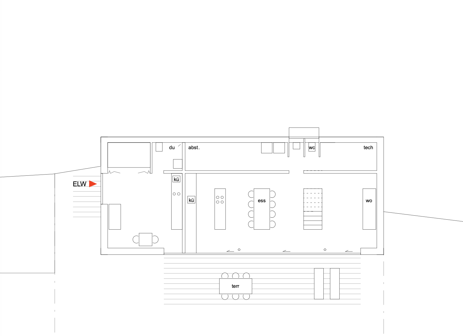 haus WÄ - Grundriss eines Hauses mit verschiedenen Räumen, inklusive Küche, Essbereich, Wohnzimmer, Schlafzimmer, Badezimmer und Terrasse.
