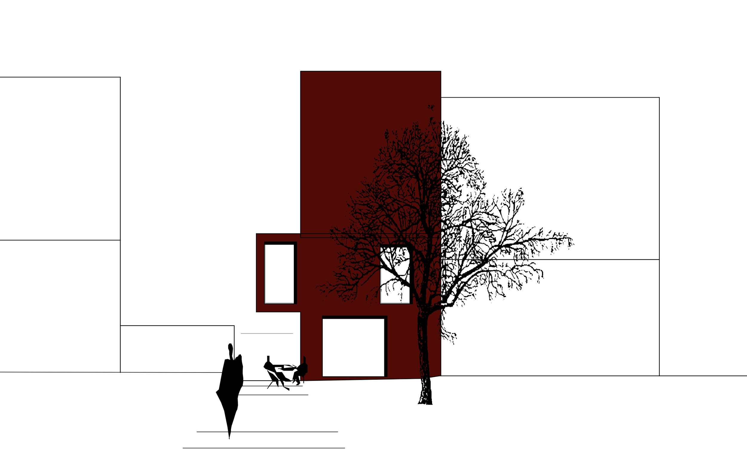 Architekturzeichnung eines modernen roten Gebäudes mit großen Fenstern, Baum und Sitzbank im Vordergrund