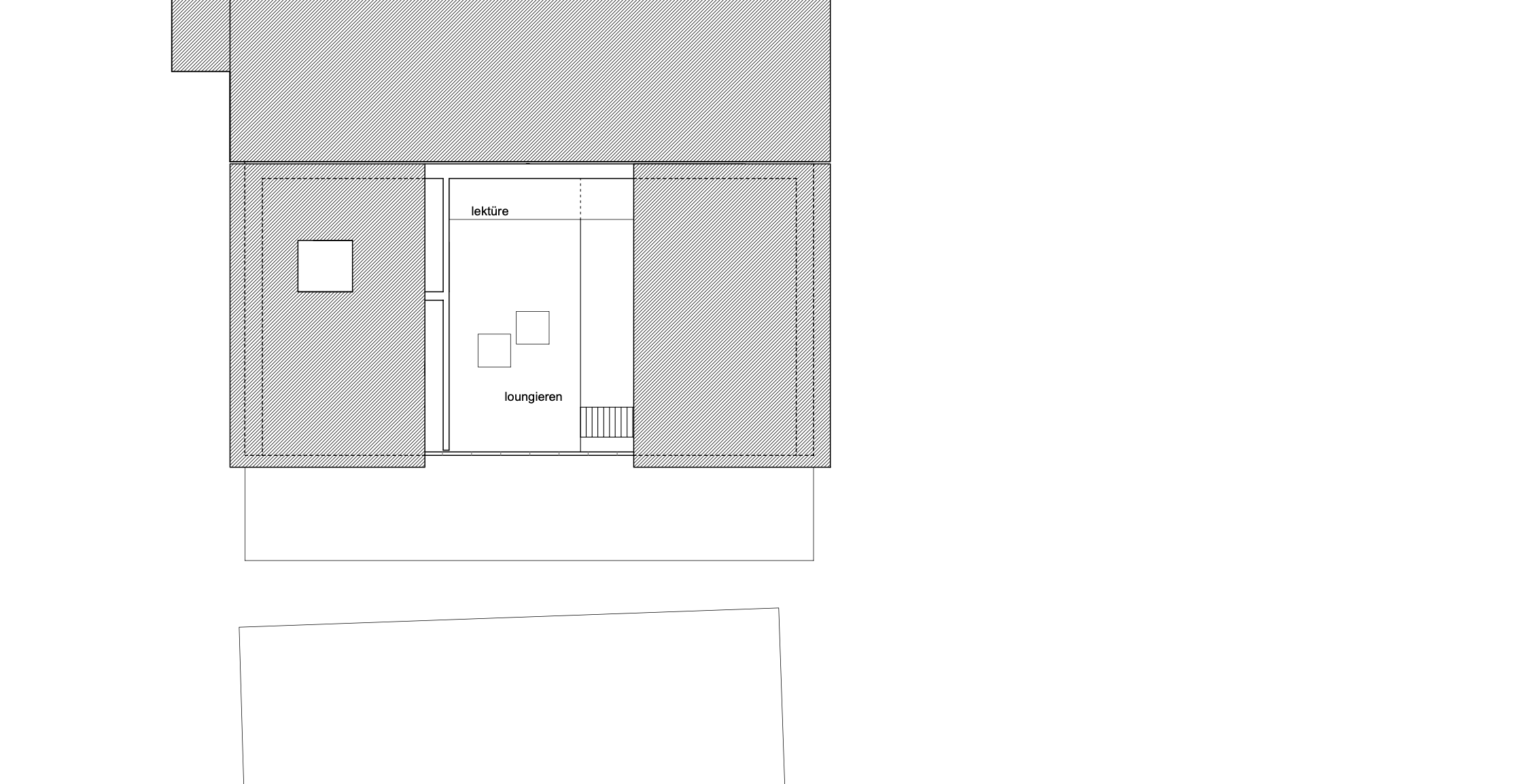 haus - B_Grundriss eines Wohnbereichs mit den beschrifteten Zonen „Lektüre“ und „Loungieren“, Sitzmöbeln und schraffierten Wänden.