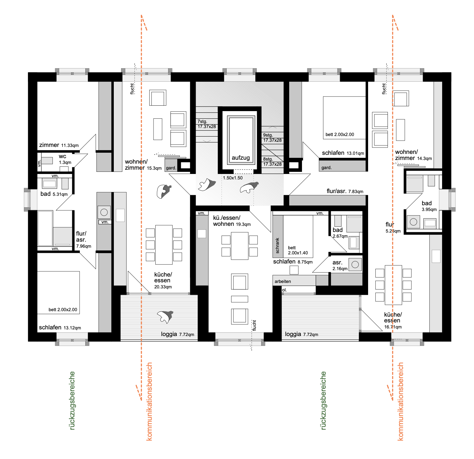 wohnhaus BUGA - Grundriss eines Wohnungskomplexes mit verschiedenen Zimmern, inklusive Schlafzimmer, Badezimmer, Küche und Loggia, sowie Flure und Aufzüge, alles beschriftet in Deutsch.
