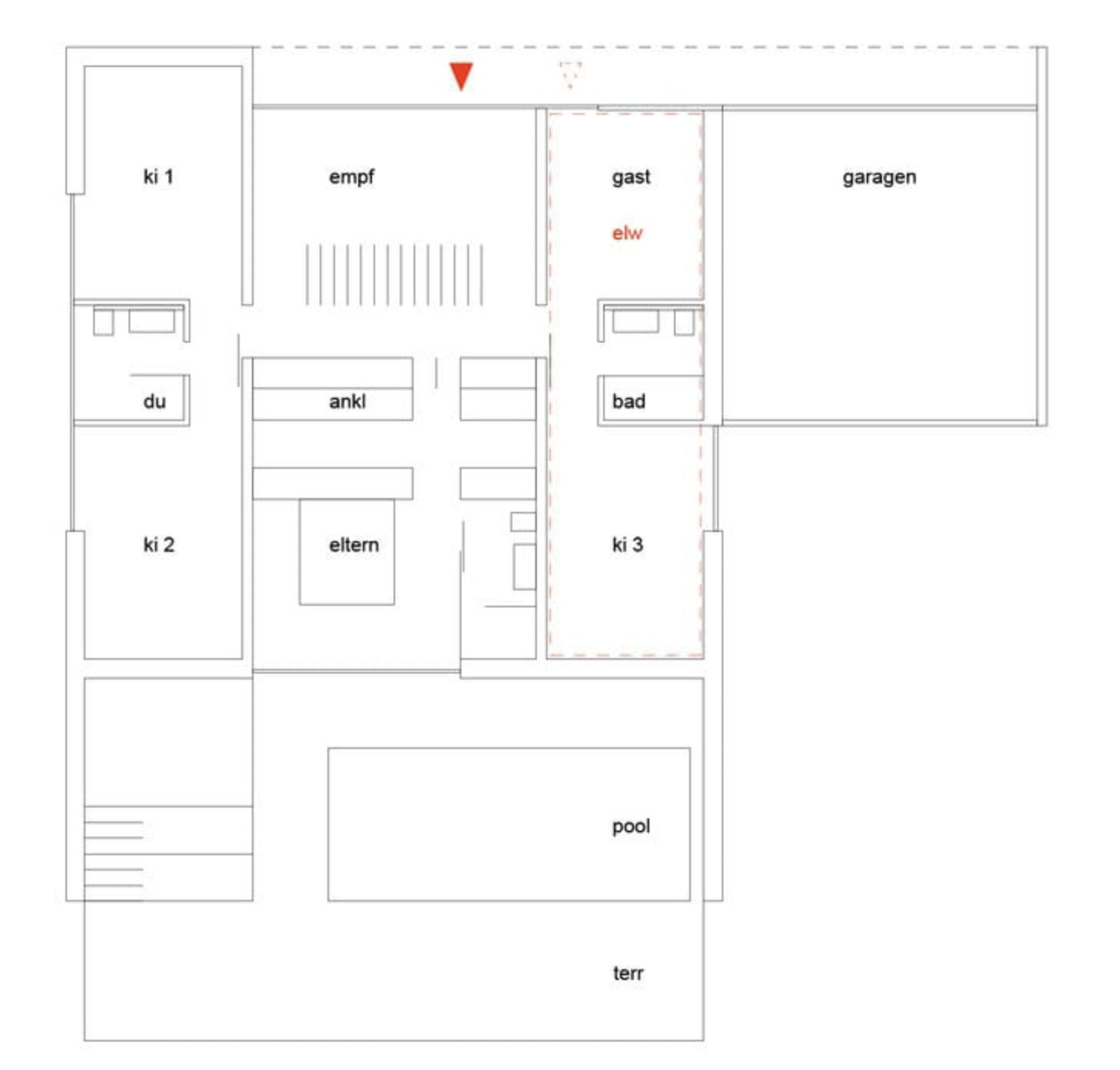 haus CC - Grundriss eines Hauses mit verschiedenen Räumen, darunter Schlafzimmer, Badezimmer, Gästezimmer, Wohnräume, Garage, Pool und Garten, mit beschrifteten Bereichen in Deutsch.