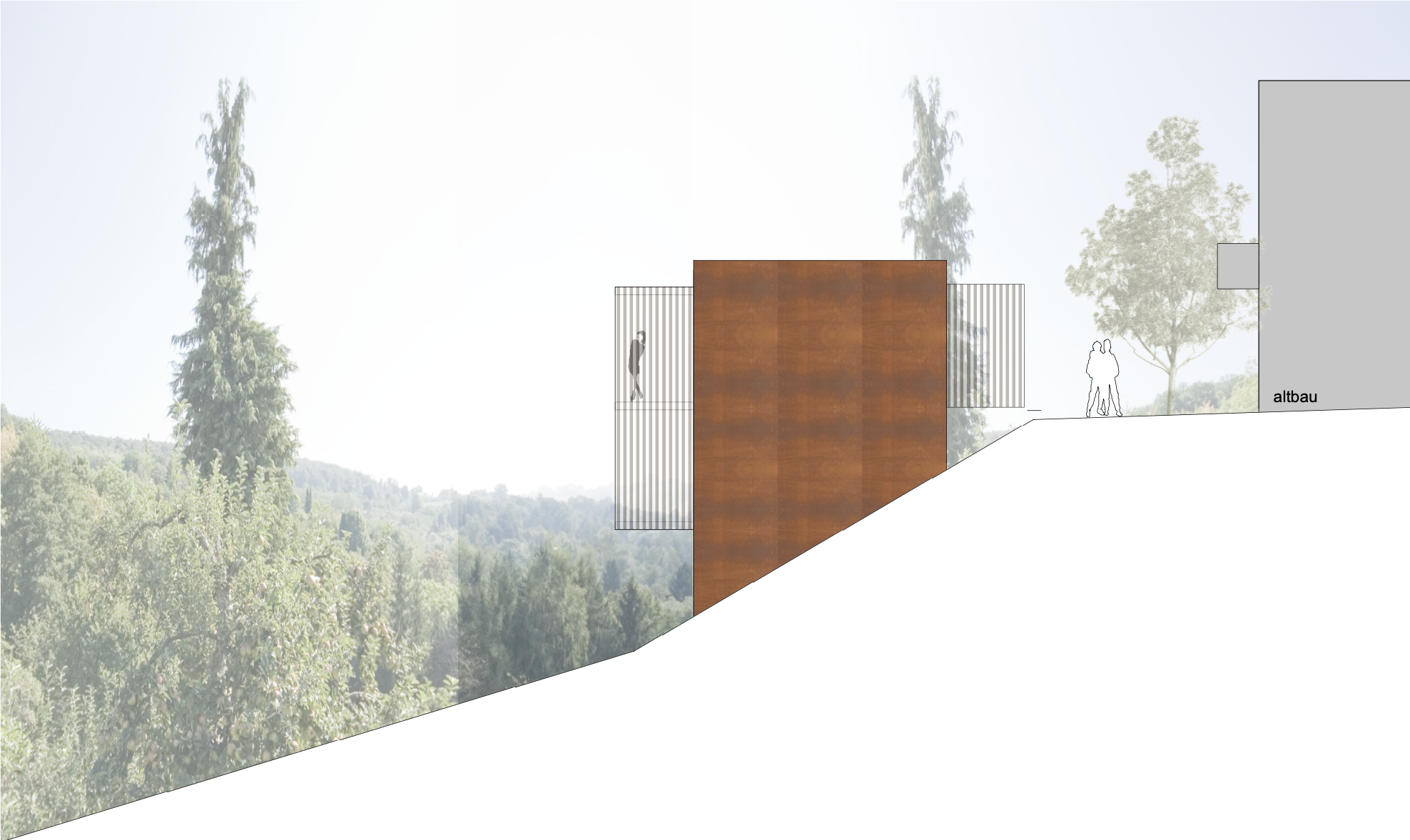 haus GRO - Illustration eines Gebäudes mit modernem Design, das an einen Hang gebaut ist, umgeben von Bäumen, mit Personen auf einer Terrasse und einem Schild mit der Aufschrift ‚altbau‘.