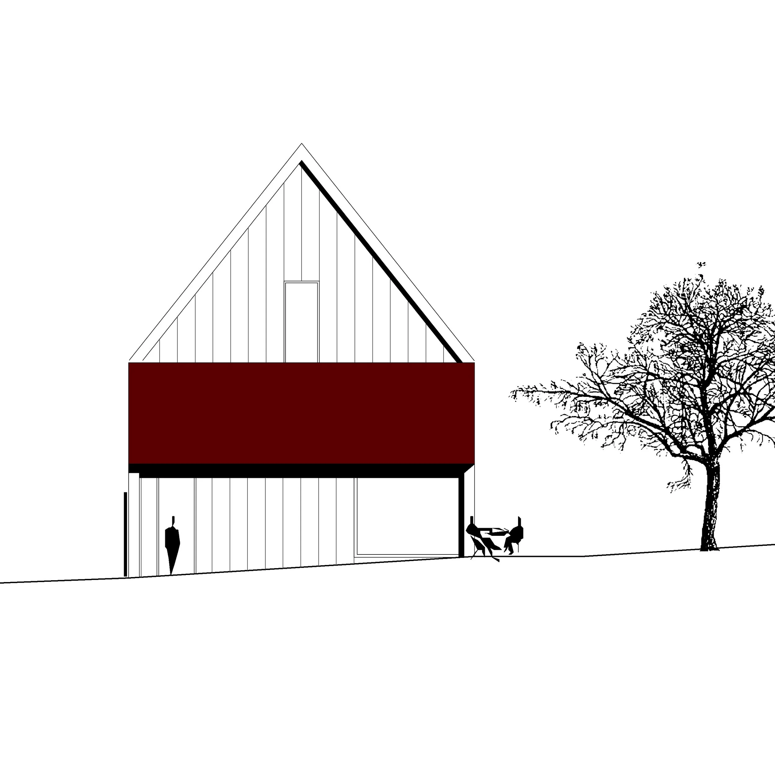 Ihaus - B_llustration eines modernen Hauses mit steilem Satteldach, roter Fassade, Terrasse mit Sitzmöbeln und großem Baum.