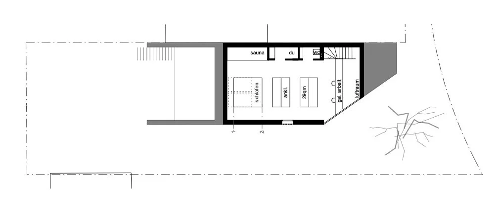 haus SO - Grundriss eines kleinen Hauses mit Schlafzimmer, Sauna, Dusche, WC, Arbeitsbereich und Terrasse.