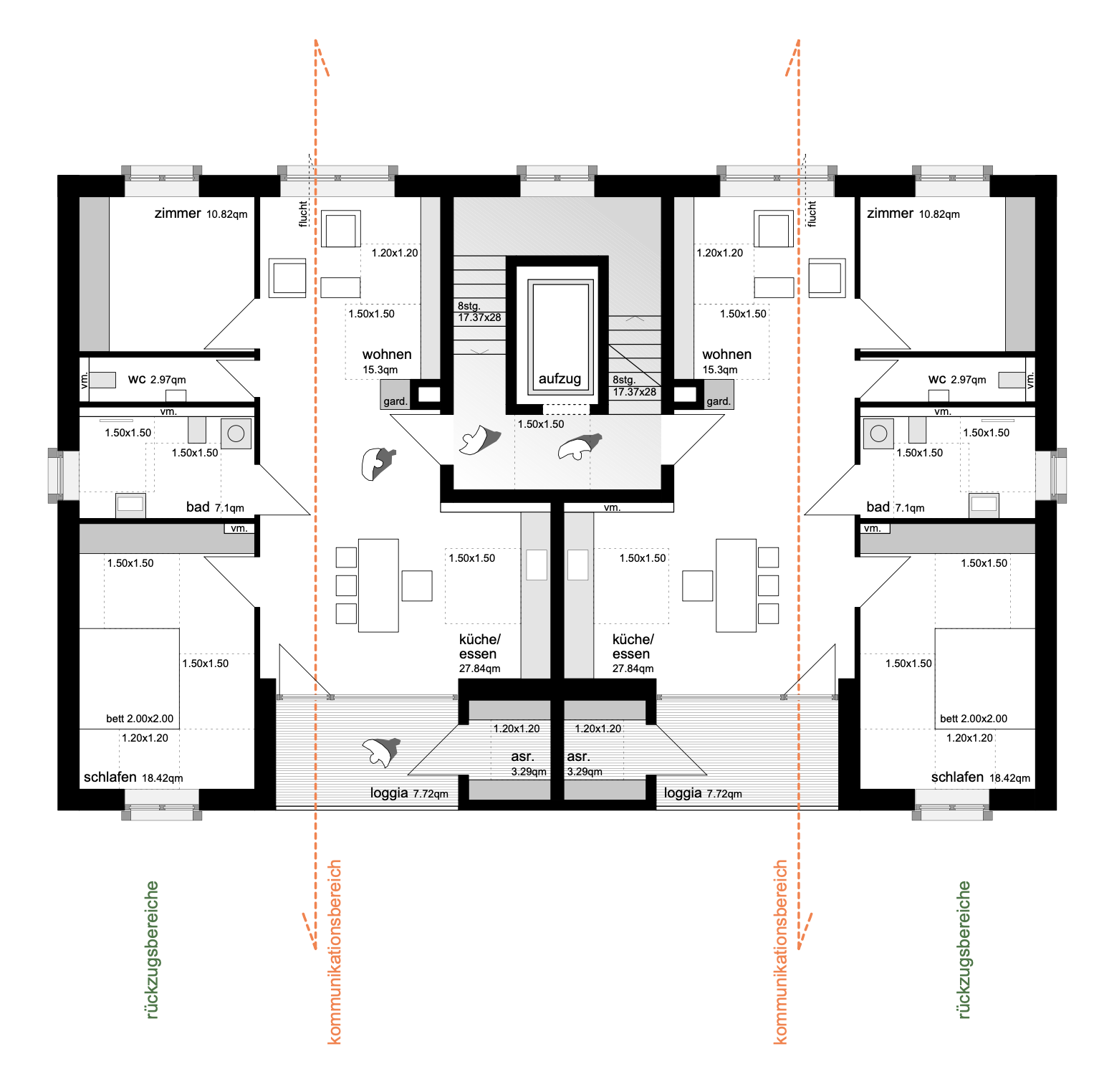 wohnhaus BUGA - Grundriss eines zweistöckigen Gebäudes mit gemeinsamer Mitte, aufgeteilt in zwei spiegelverkehrte Wohnungen, mit Schlafzimmer, Bad, Küche, Loggia und gemeinsamen Aufzugsbereich inklusive Treppen und Fluren.