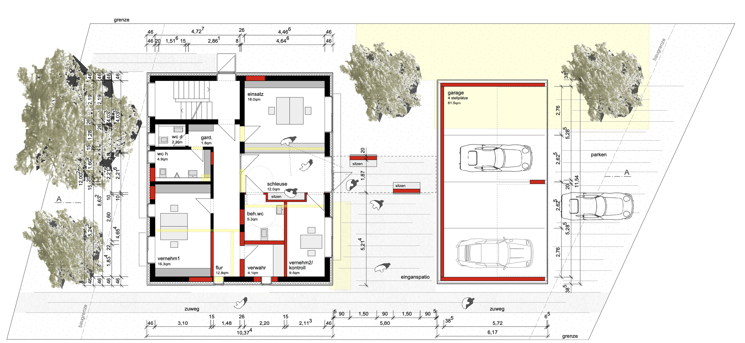 polizeiposten LE - Architektonischer Plan eines Hauses mit Garten und Parkplätzen, inklusive Raumaufteilungen und Maße in schwarz, rot und grau.