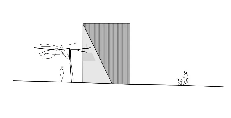 haus SO - Ansicht eines modernen Gebäudes mit einer Person und einem Baum