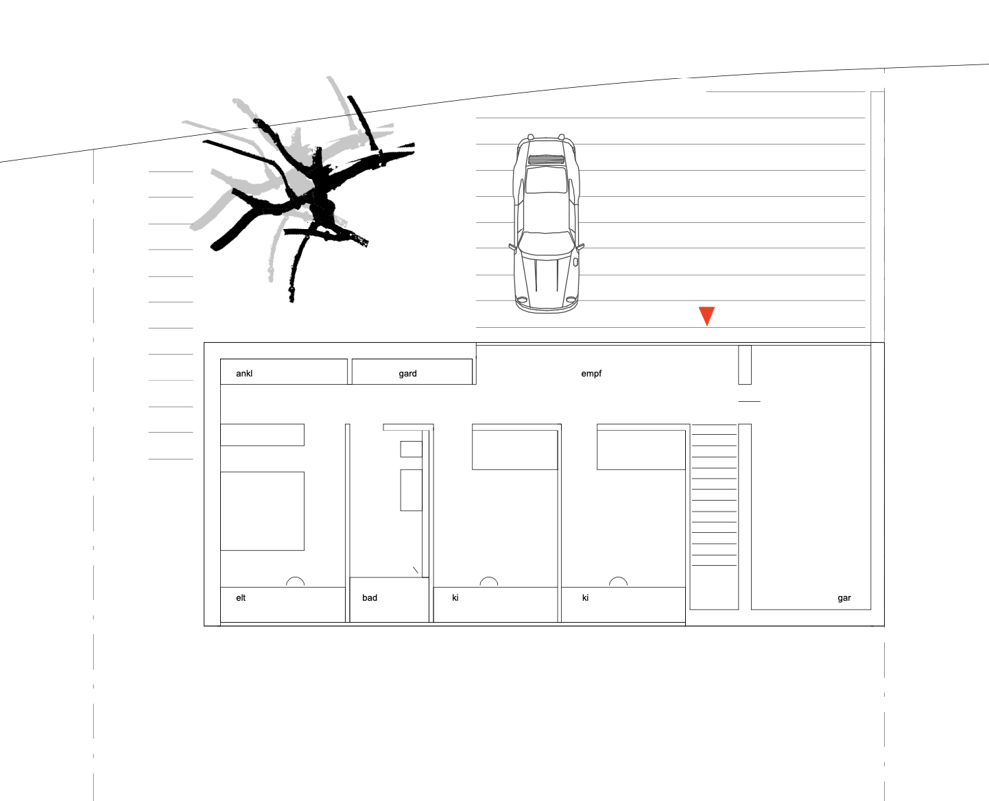 haus WÄ - Grundriss eines Hauses mit Garten und Parkplatz. Der Garten ist in Abschnitte unterteilt, darunter Ankleidezimmer, Garderobe, Eingangsbereich, Badezimmer, Kinderzimmer, Schlafzimmer, und Garage.