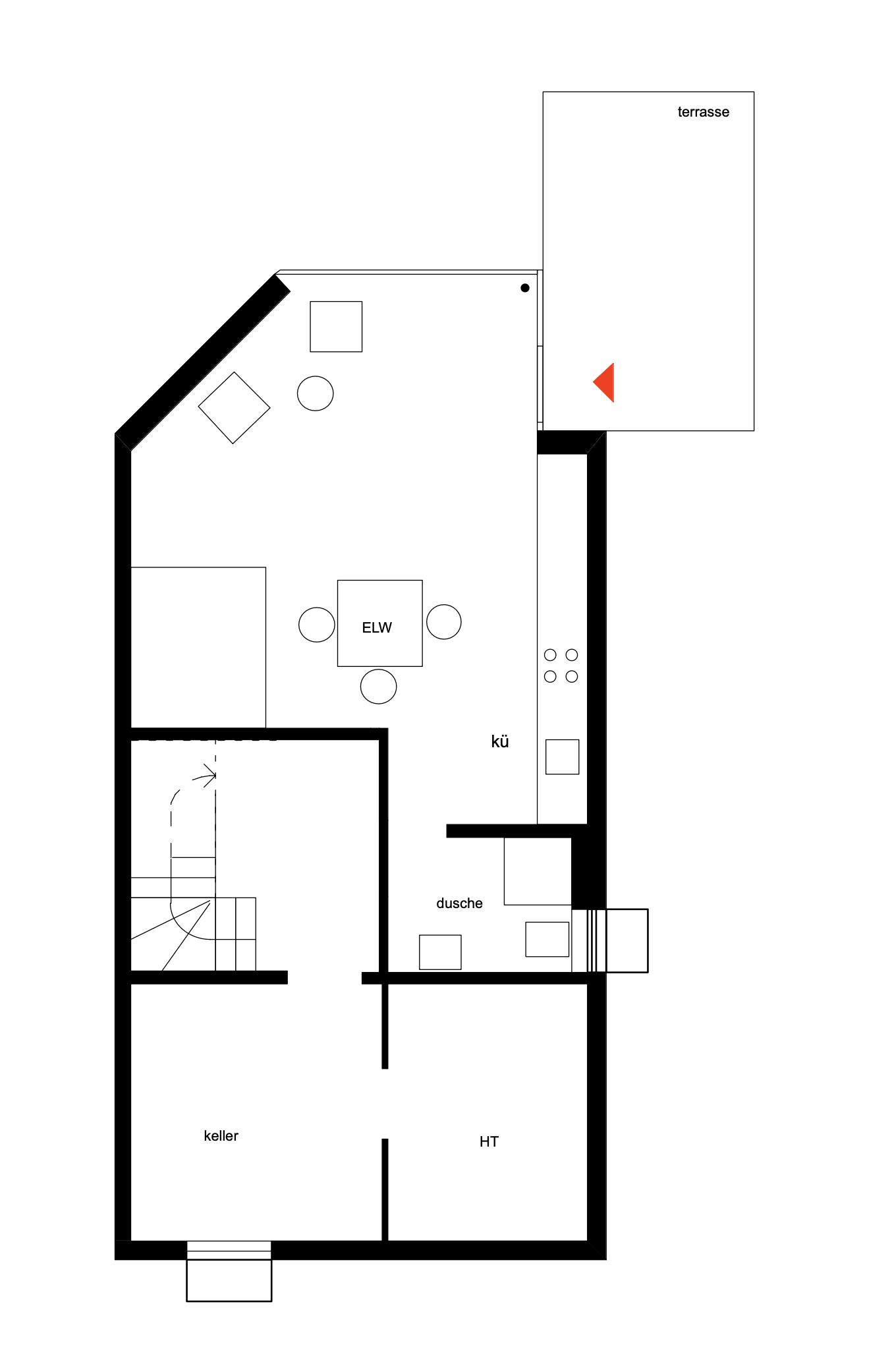 haus RU - Grundriss eines Hauses mit Terrasse im oberen rechten Bereich, Küche, Dusche und Keller. Verschiedene Räume verbunden durch Flure, mit Treppe im unteren linken Bereich.