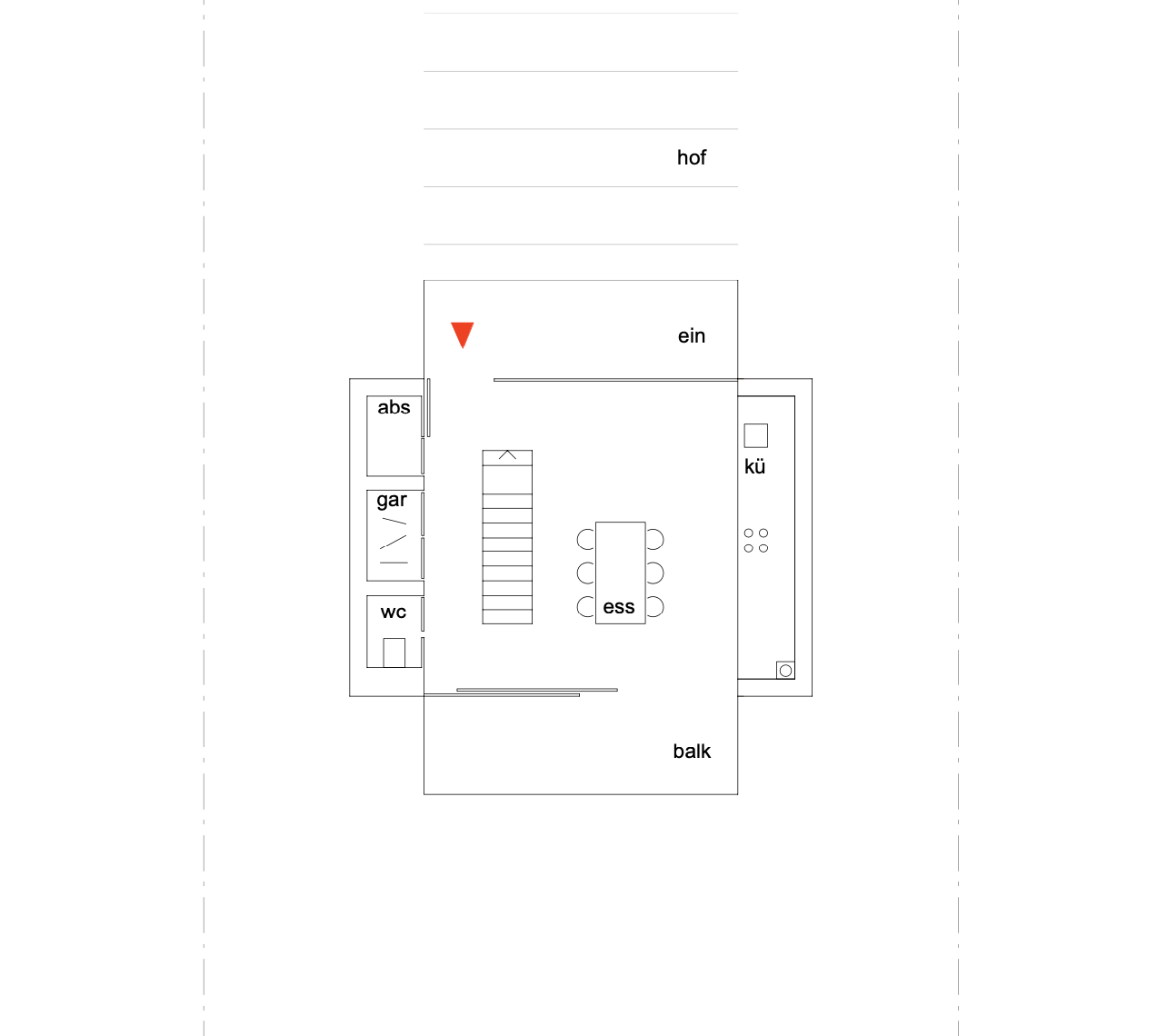 haus GRO - Grundriss eines Hauses mit Garten, Balkon und verschiedenen Zimmern, inklusive Küche, Bad, WC und Abstellraum.