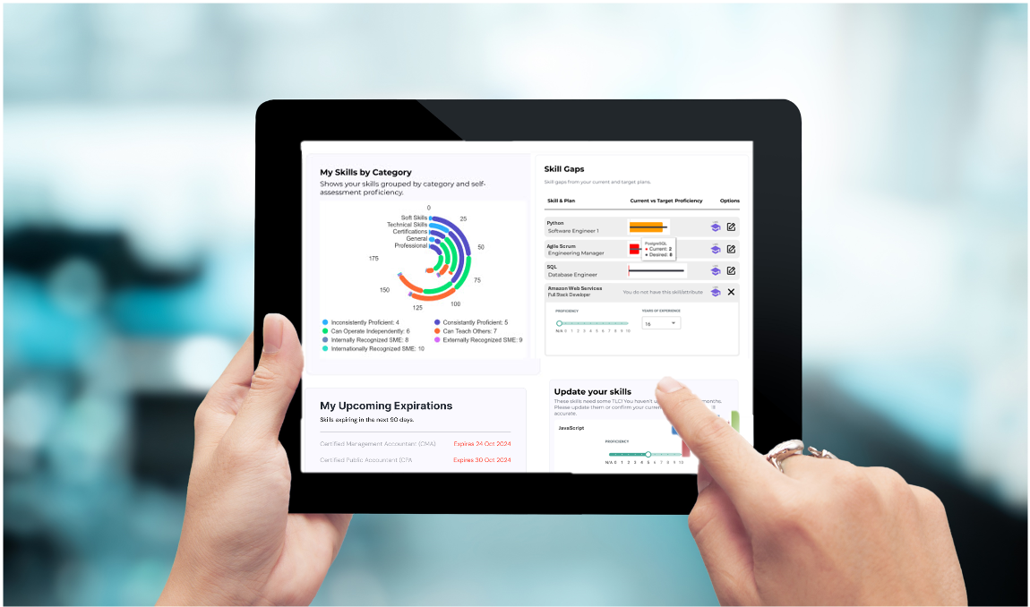 happy employee updating their skills in their career path and skills intelligence dashboard