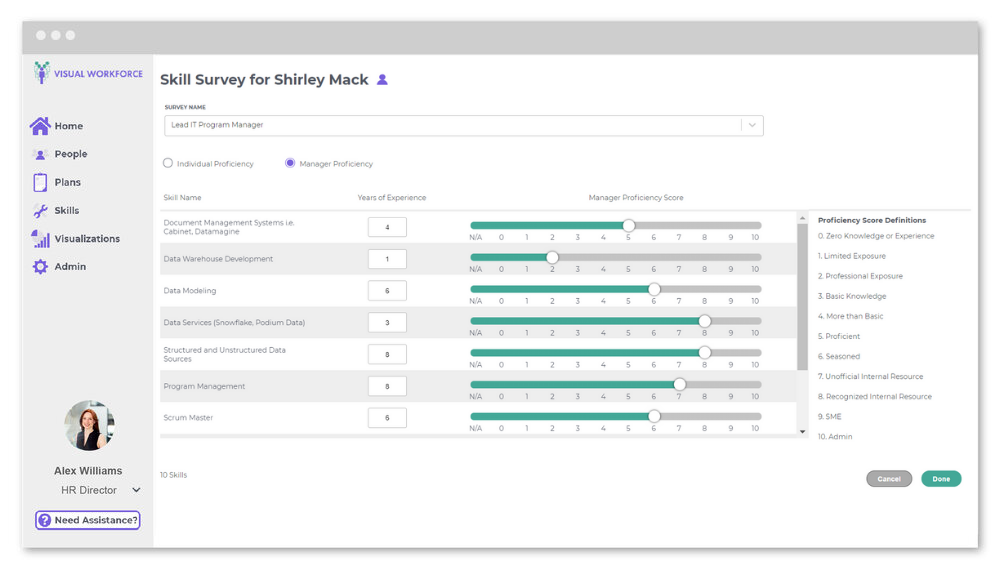 Screenshot of a skill survey, showing proficiency scores for various skills in data management and team leadership, with a sidebar containing user info and navigation options.