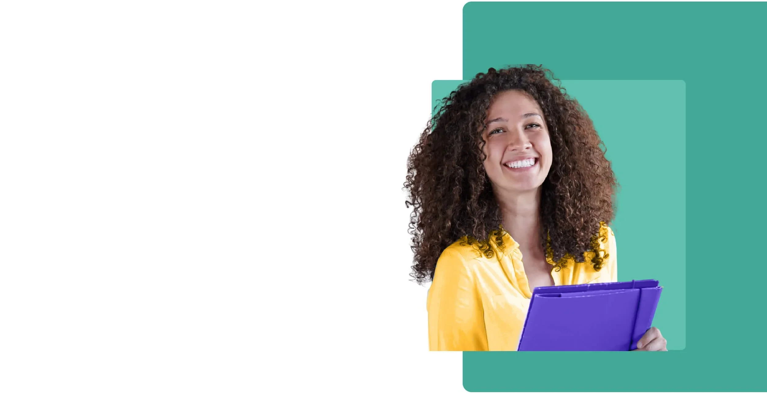 A woman with curly hair smiling, holding blue folders, wearing a yellow shirt, standing in front of teal geometric shapes.