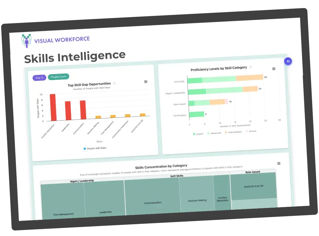 Visual Workforce Skills-First Intelligence dashboard highlights skills gaps, skills density and areas for skills development