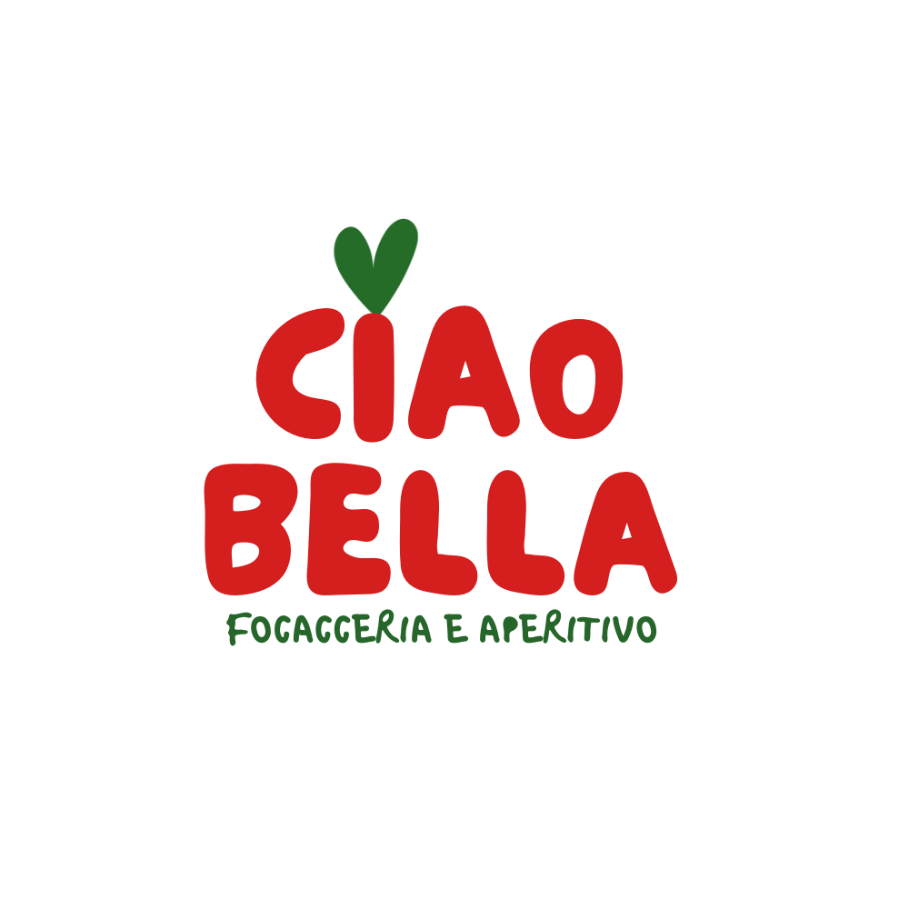 Logo du restaurant Ciao Bella avec le texte 'Focacceria e Aperitivo' en dessous, un cœur vert au-dessus du mot 'Ciao'