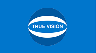 Blue background with a circular logo featuring a white band and the text 'TRUE VISION' in the center.