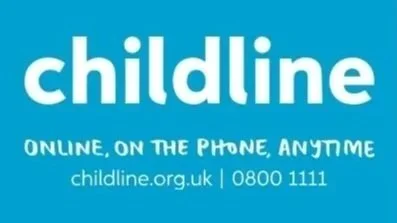 Childline logo in white text on a blue background, with contact details and a motto about online, phone, and anytime support.
