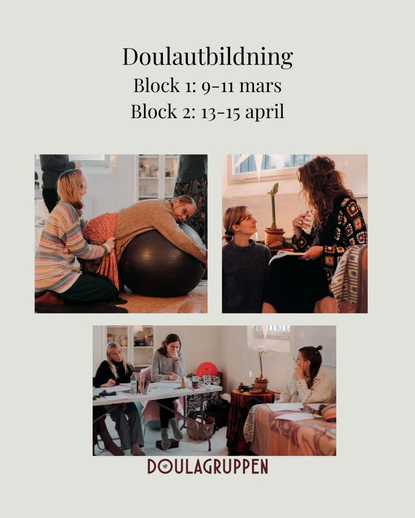Om drygt en m&aring;nad startar v&aring;r Doulautbildning! 
I &aring;r &auml;r vi &aring;terigen tv&aring; kursledare: Anna Bjelkefelt och Naomi Farragher Mor&eacute;n. 
Lite om v&aring;r utbildning: 
~En av Sveriges l&auml;ngsta (dagar + hemuppgifte