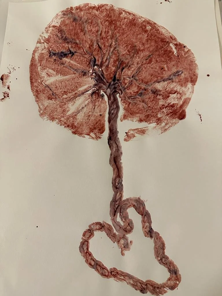 A watercolor painting of a mushroom with a stem that forms a heart shape at the bottom, on a white background.