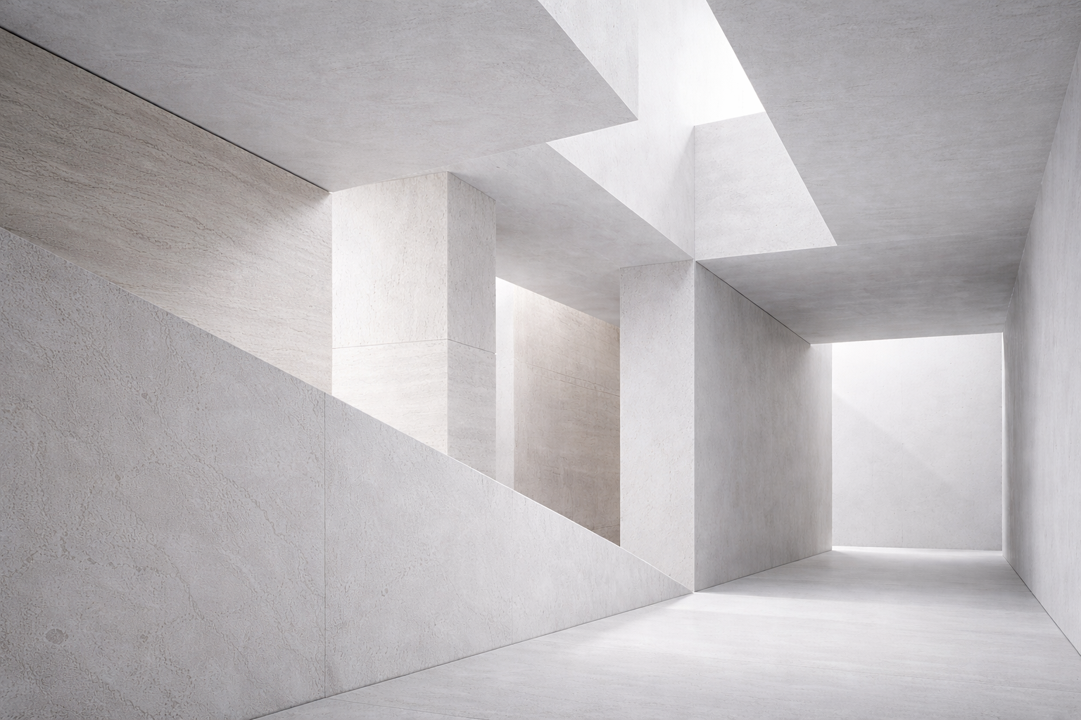 Bright, minimalist concrete architectural space with clean lines and geometric shapes.