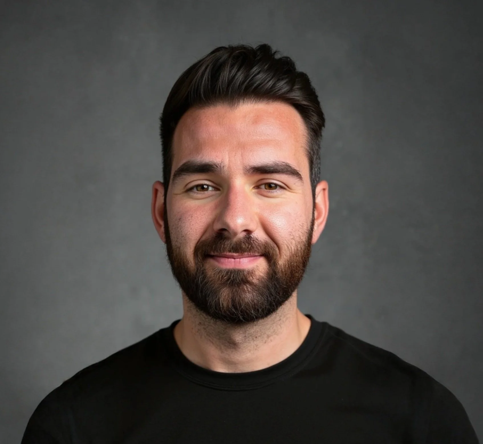 A smiling man with dark hair, beard, and mustache wearing a black shirt against a dark gray background.