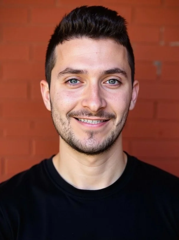 Close-up of a smiling young man with short dark hair and a light beard, wearing a black shirt, standing in front of a brick wall.
