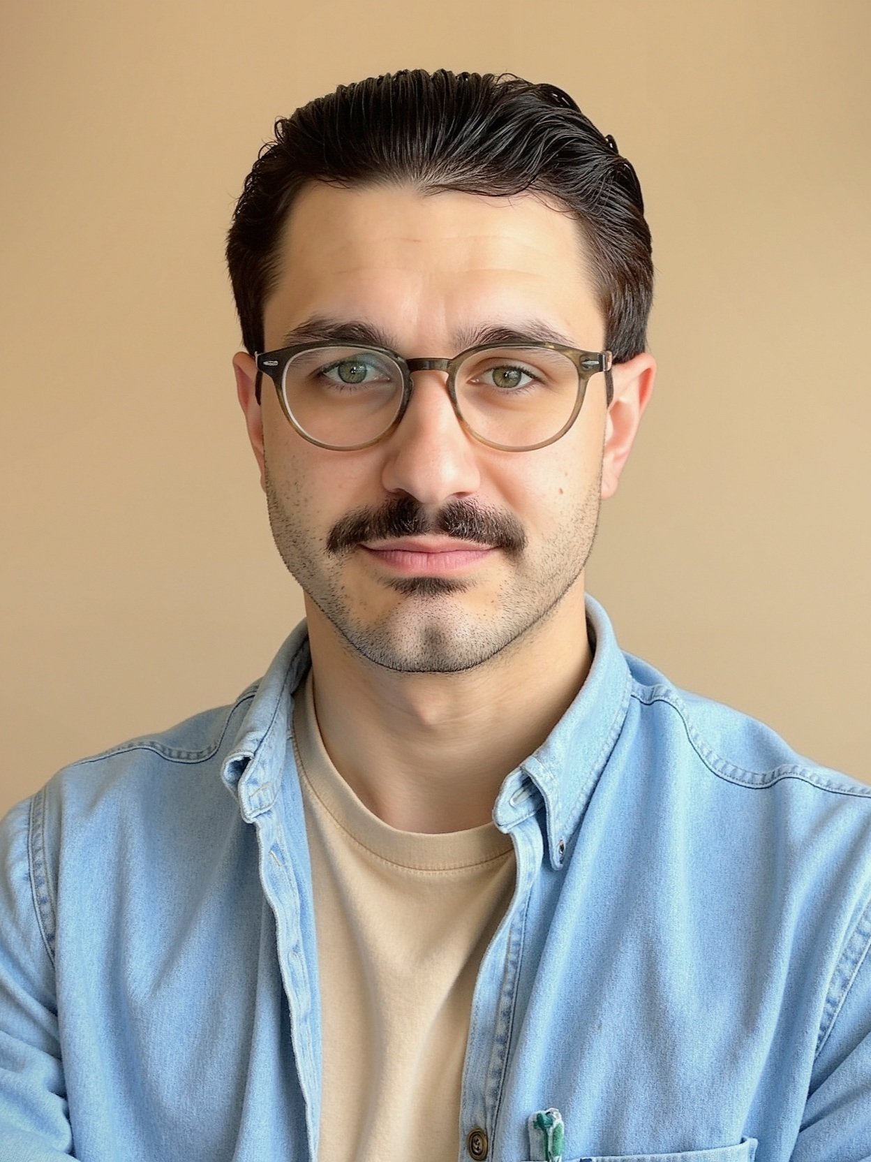A young man with dark hair, a mustache, and glasses, wearing a light blue denim shirt over a beige t-shirt, posing against a beige background.