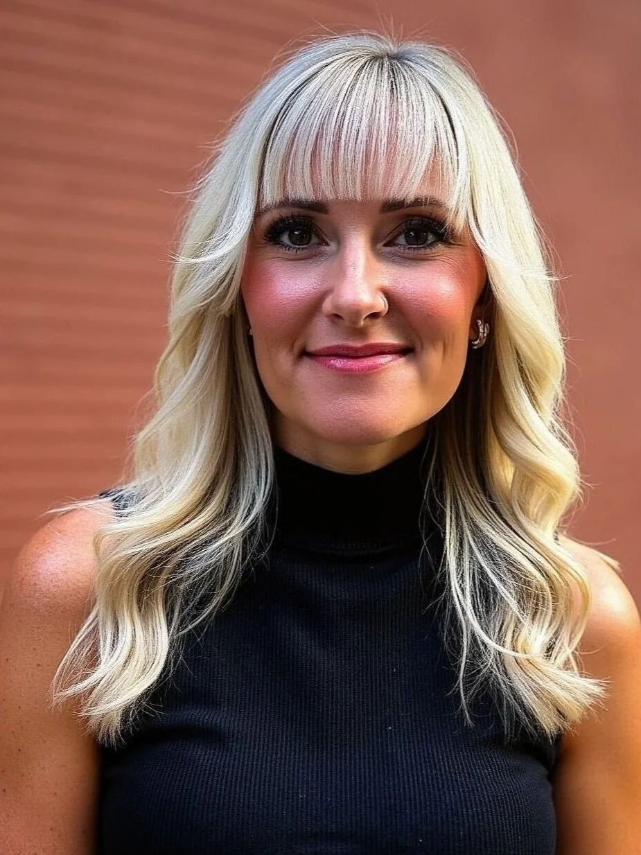 A woman with long blonde hair styled in loose waves, wearing a black sleeveless top, smiling, with a warm-colored background.
