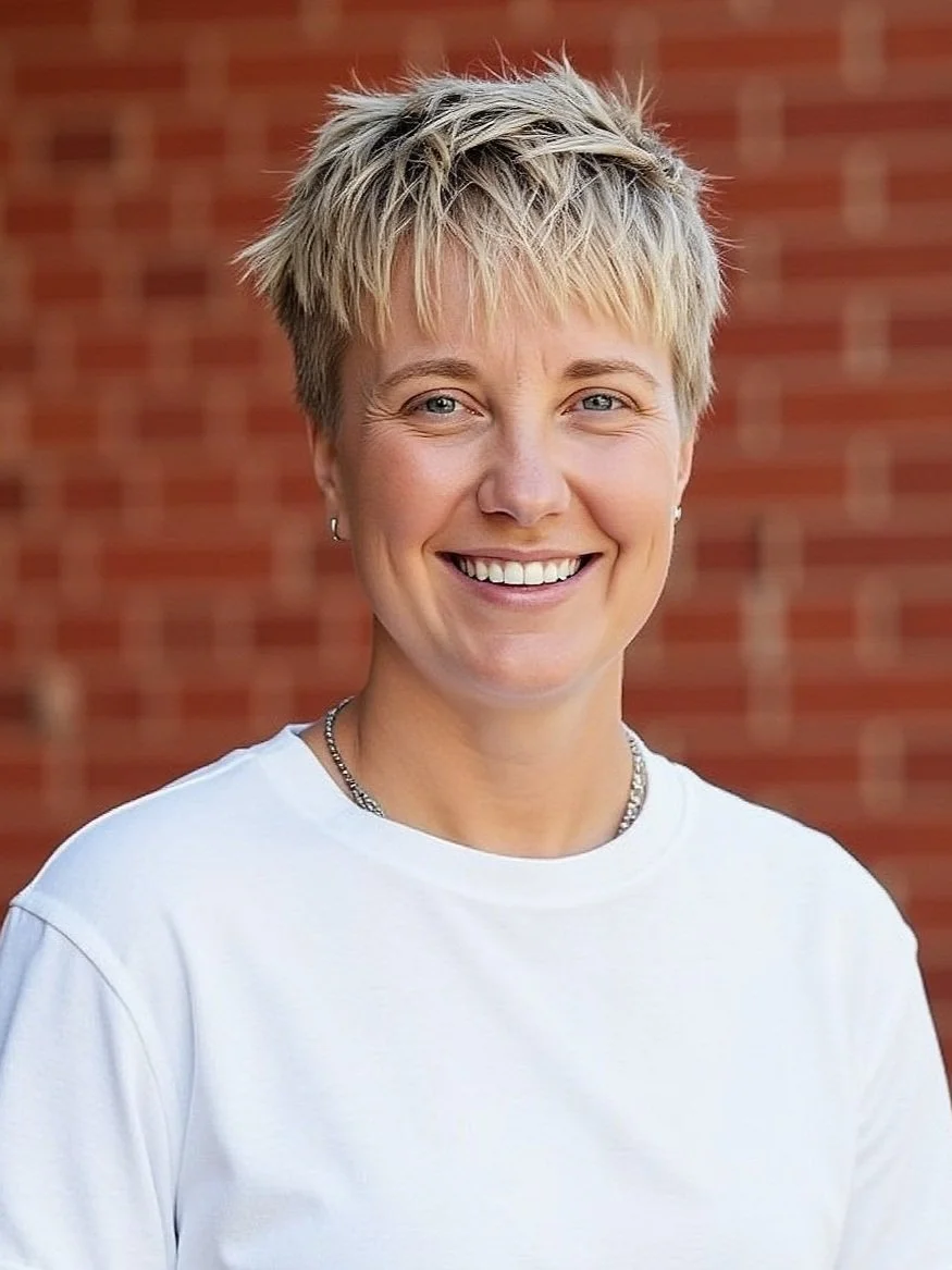 A woman with short, blonde hair smiling in front of a red brick wall, wearing a white t-shirt and small earrings.
