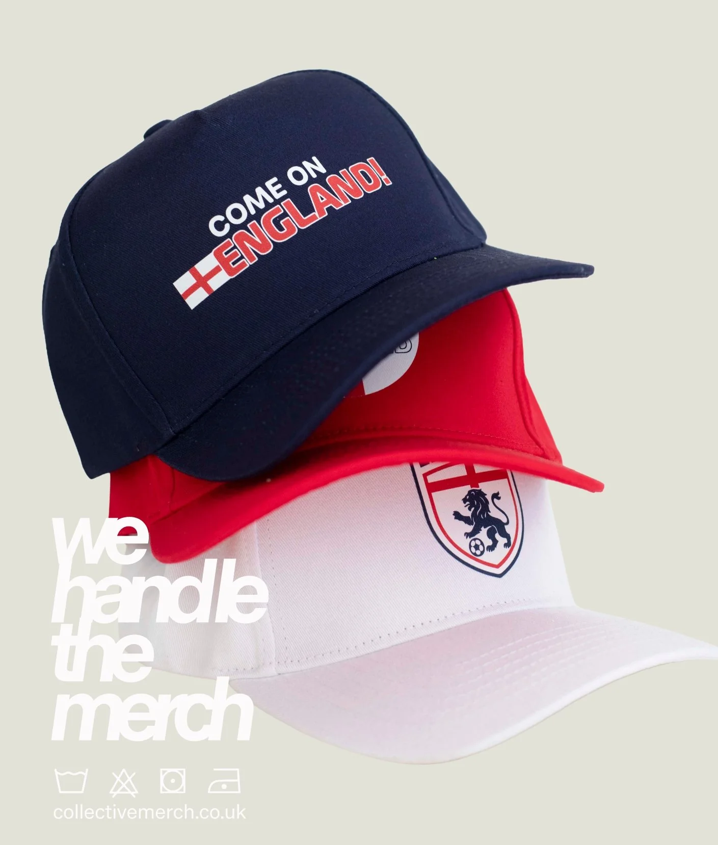 Three caps stacked on a white soccer jersey with a lion emblem. The top black cap says "Come on England!" with a British flag. The middle red cap is partially visible, and the bottom white cap has a red brim and England's lion crest.