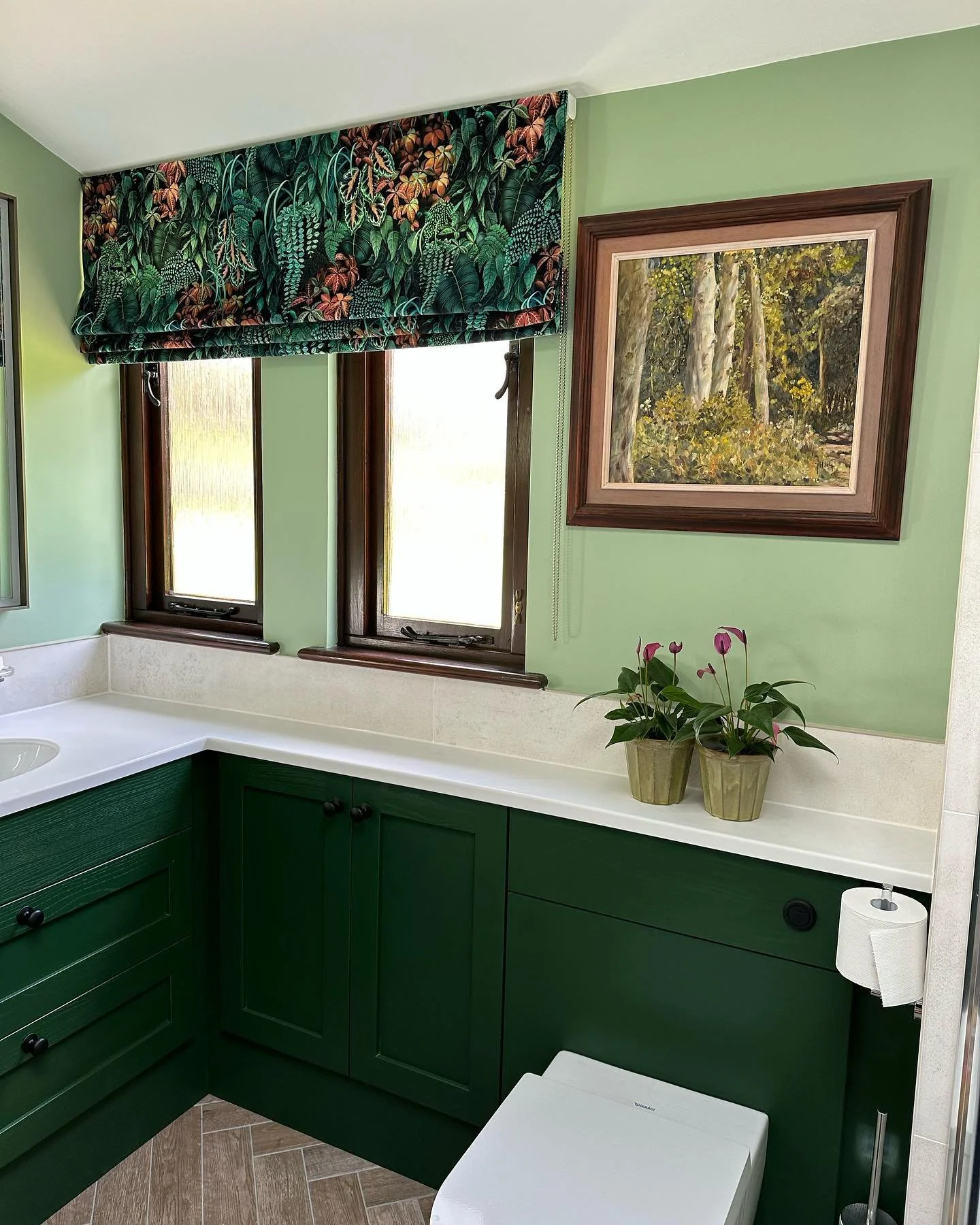 Striking new bathroom. Osborne &amp; Little wall paper and fabric @osborneandlittle #osborneandlittlewallpaper #osborneandlittle #romanblind #interiordesign #bathroom