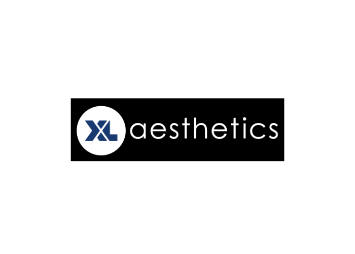 Logo with a white circle containing a blue 'XL' and the word 'aesthetics' to the right on a black background.