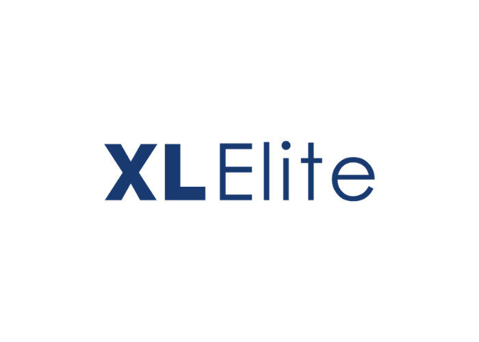 The image features the logo of XLElite with text in bold blue and gray font with a minimalist design on a black background.