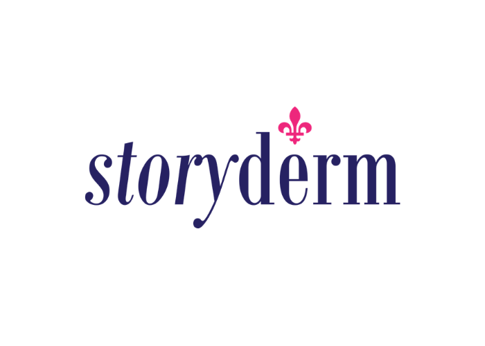 Logo with the word 'storyderm' in purple letters and a pink fleur-de-lis above the 'd'.
