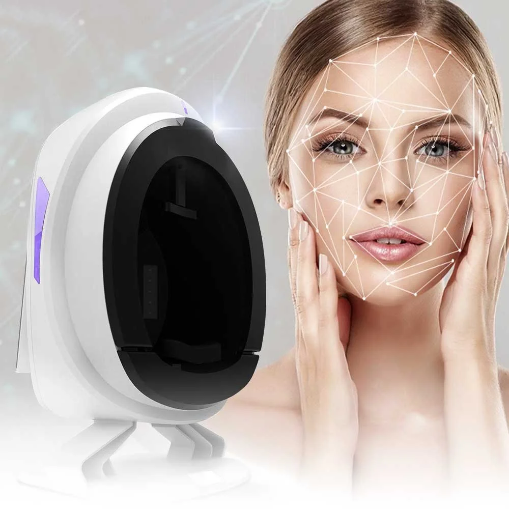 A woman receiving a facial scan using a high-tech skincare device.