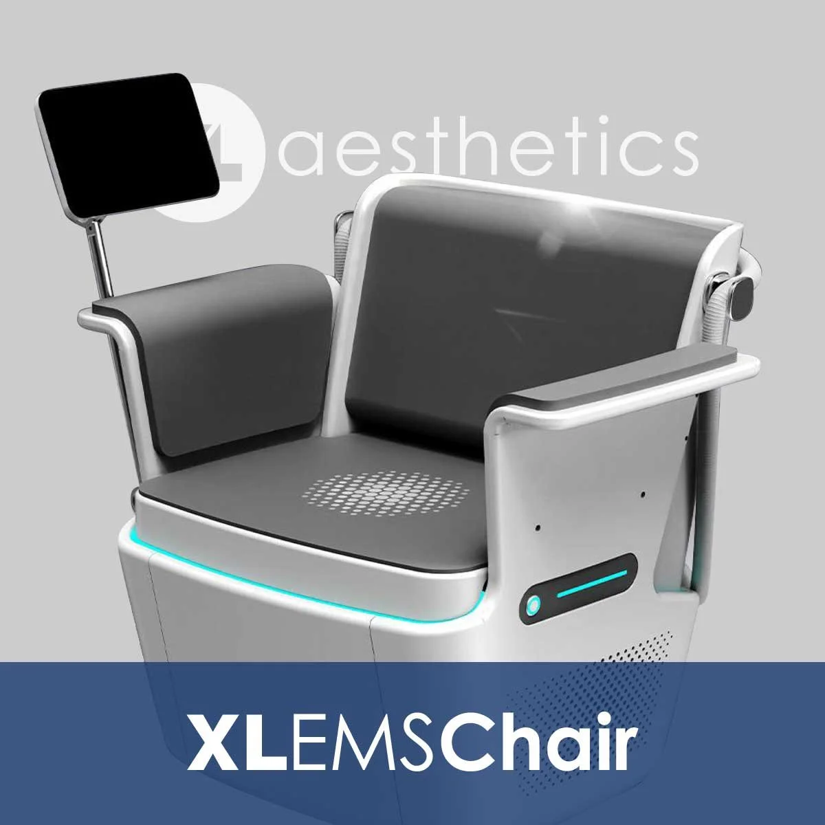 A futuristic-looking medical chair with a headrest, armrests, and a built-in monitor, designed for aesthetics or dental treatments.