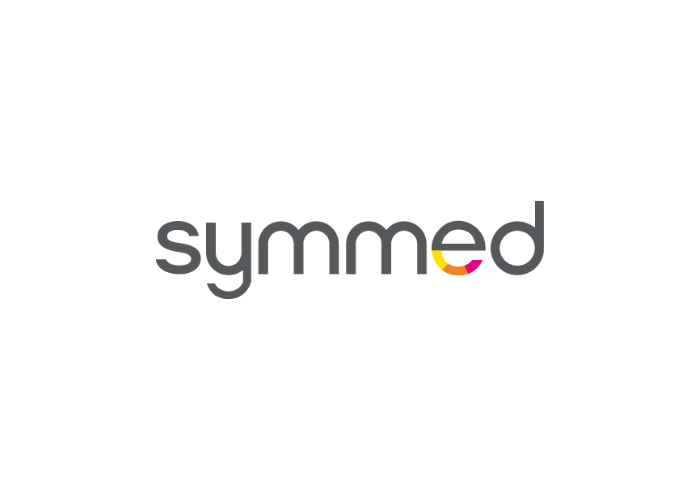 The logo of the company Symmed with the letter 'e' stylized in yellow and pink curved lines.