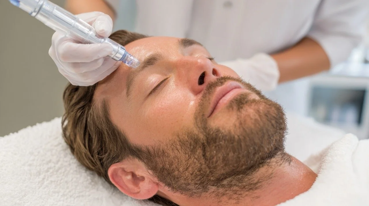 A man receiving a cosmetic treatment with a syringe on his forehead, lying with eyes closed, in a medical or spa setting.