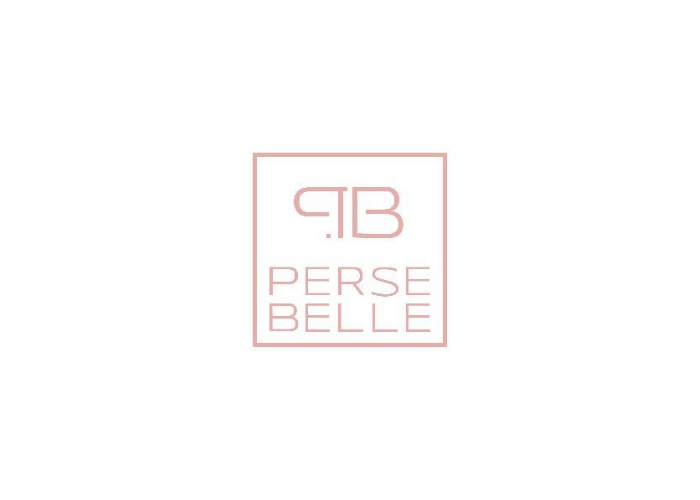 A pink logo with stylized initials 'T B' above the words 'PERSE BELLE' inside a square outline.