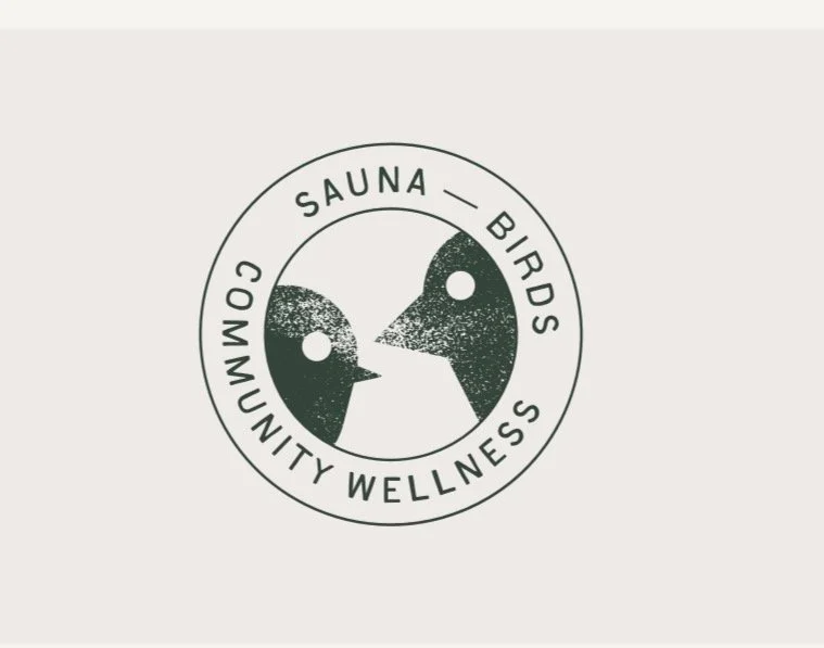Logo featuring two bird faces facing each other, surrounded by text that reads 'Sauna Birds' and 'Community Wellness'.