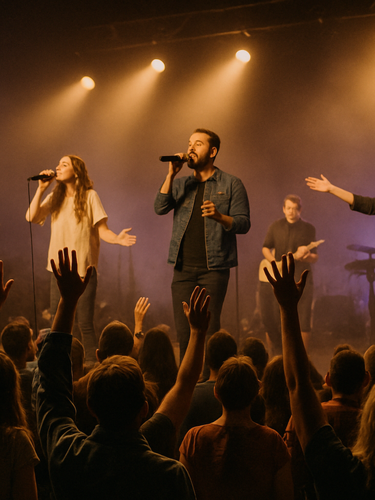 Un grupo de músicos en un escenario durante un concierto, con público en primer plano levantando las manos, iluminación cálida
