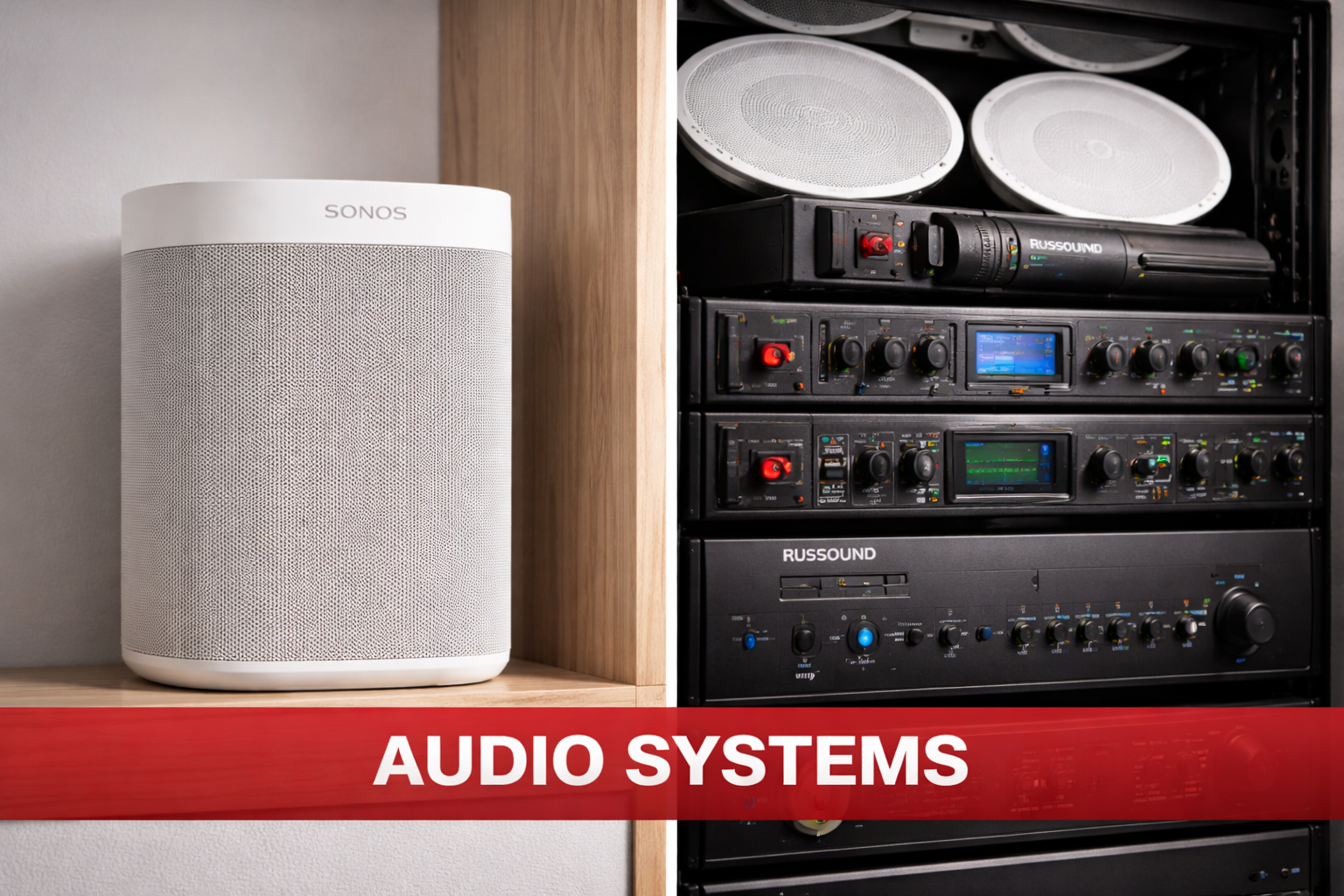 A white Sonos speaker on a wooden shelf next to a bookshelf with multiple black audio equipment racks containing speaker boxes, amplifiers, and audio processing devices, with a red banner at the bottom displaying 'AUDIO SYSTEMS'.